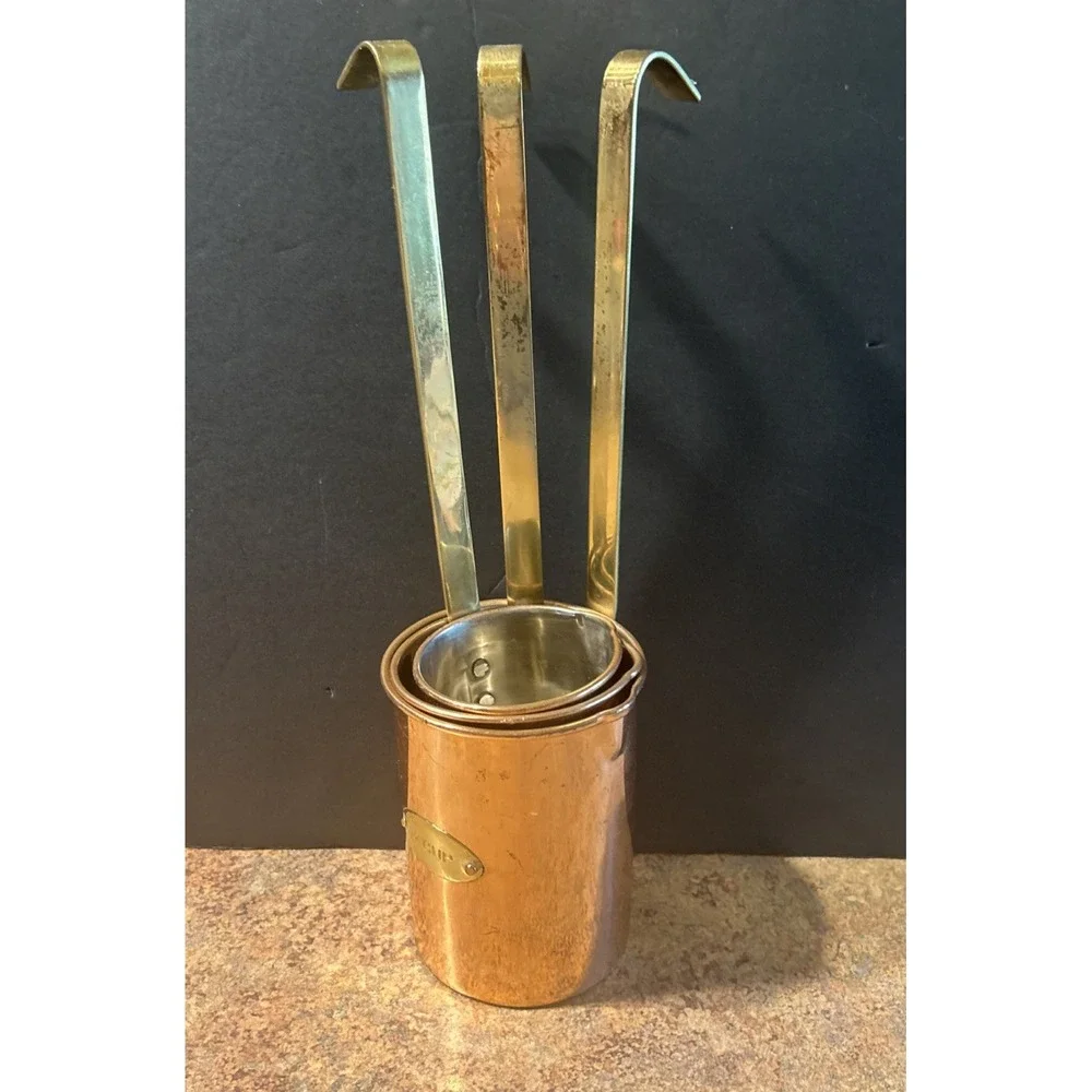 Vintage Copper Nesting Measuring Cups Hanging Ladle Brass Handles Set Of 3